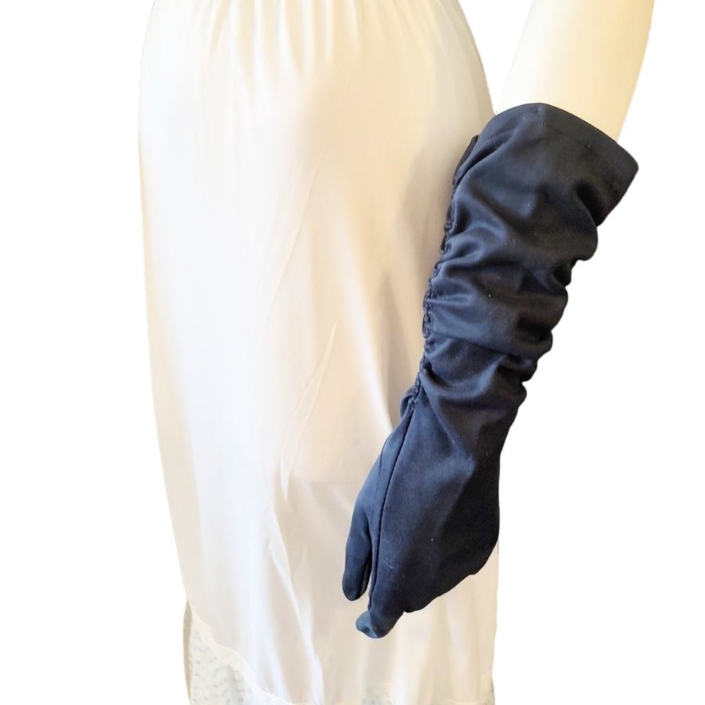 Navy Blue 1950s True Vintage Fabric Gloves With Gathered Sides Mid Arm Length